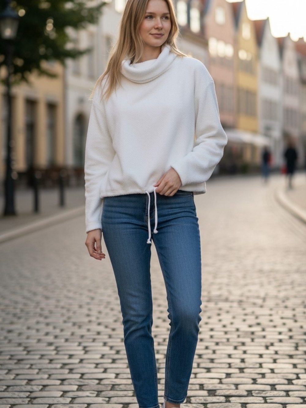 aerie White Cowl Neck Drawstring Sweater